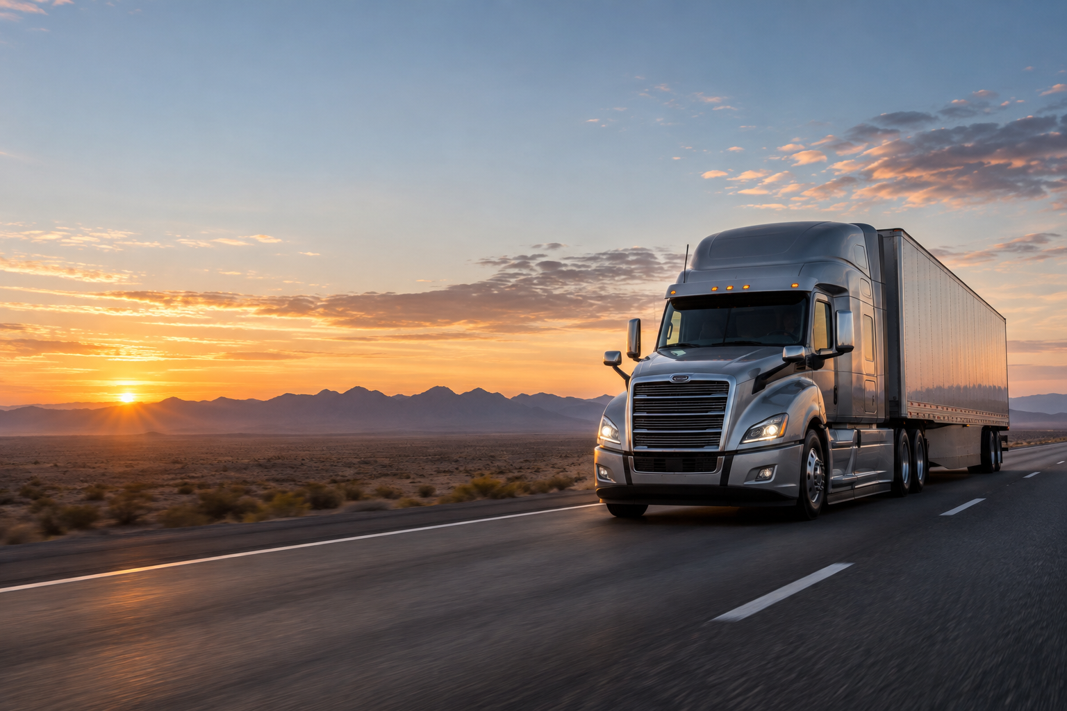 Silver semi truck traveling an open highway beside desert mountains
